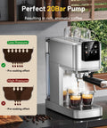 20 Bar Espresso Machine With Hot Cold Brew Switch For Silky Lattes And Bold Cappuccino Creations Stainless Steel Coffee Brewer shown brewing espresso.