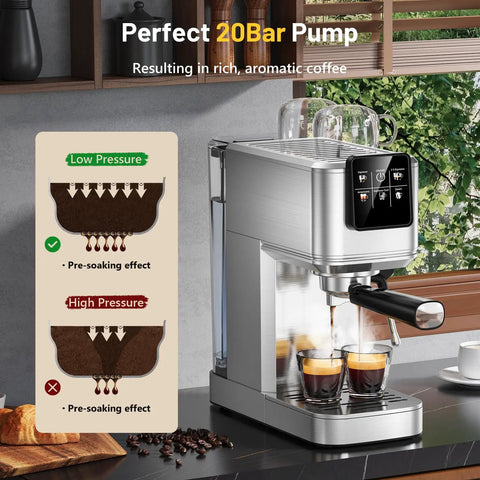 20 Bar Espresso Machine With Hot Cold Brew Switch For Silky Lattes And Bold Cappuccino Creations Stainless Steel Coffee Brewer shown brewing espresso.