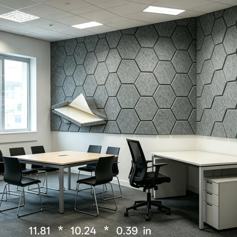 12 Pack Hexagon Acoustic Foam Panels Self Adhesive Sound Dampening Tiles High Density wall art in modern conference room.