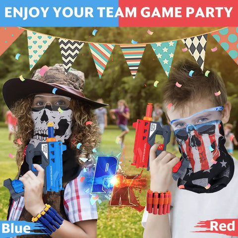 Kids playing with the 20 Pack Mini Foam Blaster Party Set For Kids 3-7 Includes 400 Soft Foam Darts, 20 Safety Goggles, in a park.