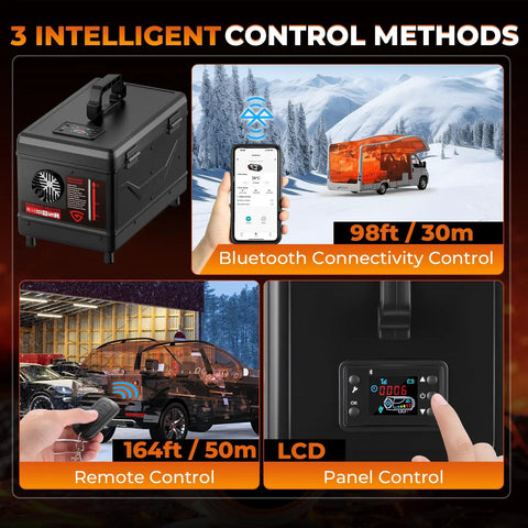 Portable Diesel Parking Heater 12V And 24V Dual Voltage 8Kw with Bluetooth, remote, and LCD control features.