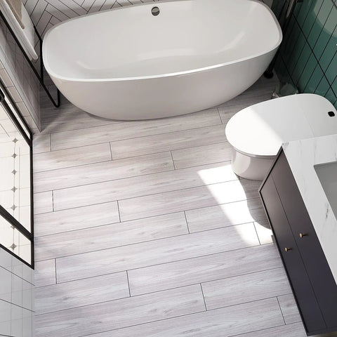 Bathroom with Coastal White Wood Grain Peel And Stick Vinyl Flooring Planks 6x36 In Waterproof Self Adhesive Floor Tiles Easy Install