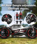 Side view of Lightning Fast One Fourteenth Scale Brushless RC Truggy for Adults with close-up of adjustable oil-filled shocks.