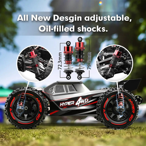 Side view of Lightning Fast One Fourteenth Scale Brushless RC Truggy for Adults with close-up of adjustable oil-filled shocks.