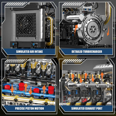 Ultra Realistic Inline 4 Cylinder Diesel Engine Kit With Motor For Adults And Teens, featuring simulated air intake, turbocharger, pistons, exhaust details.