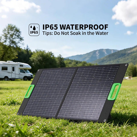 300W Portable Power Station With 100W Foldable Solar Panel For Off Grid Camping And Road Trips in grassy outdoor setting