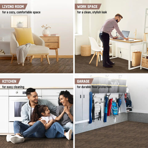 Interlocking EVA Foam Floor Tiles Puzzle Mats With Border 24x24 Inches in living room, workspace, kitchen, and garage setups