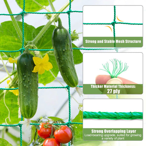 Beefed Up Heavy Duty Garden Trellis Netting For Climbing Plants Outdoor Support, visible with cucumbers growing on 4x4 inch mesh.