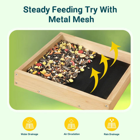Eco Friendly Wood Hanging Bird Feeder Tray For Outdoors All Weather Durable Garden Wildlife Feeding Station with metal mesh