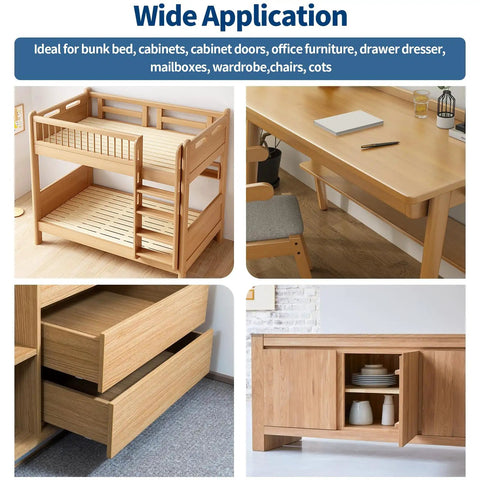 Must Have 121 Piece Furniture Hardware Kit With Cam Lock Fasteners, shown on bunk bed, desk, drawers, and cabinet applications.