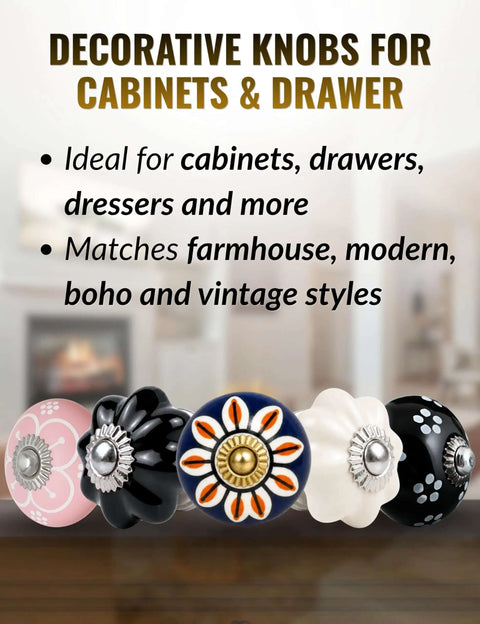 Assorted decorative knobs for cabinets and drawers in various colors and styles, ideal for farmhouse and vintage looks.