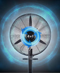 Heavy Duty Misting Pedestal Fan Delivers Badass Cooling Flow With Three Speed Levels For Gyms Workshops Or Grow Rooms, close up view of fan blades in motion.