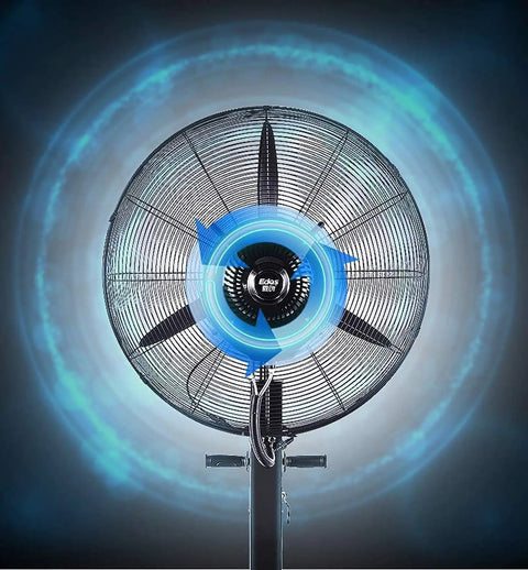 Heavy Duty Misting Pedestal Fan Delivers Badass Cooling Flow With Three Speed Levels For Gyms Workshops Or Grow Rooms, close up view of fan blades in motion.