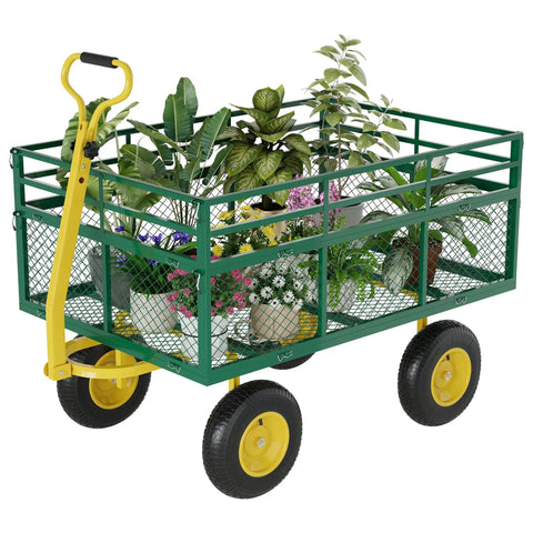 Heavy Duty Steel Garden Cart Wagon With 1400 Lb Capacity, 13 Inch All Terrain Tires, plants loaded, mesh panels visible