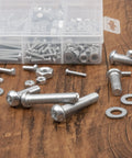 All In One 500 Pcs Screws Nuts And Washers Set With 130 Phillips Bolts 125 Hex Nuts And 245 Metal Washers In 10 Sizes M3 M4 M5 M6 M8 In A Handy Organizer Box For Home Repairs And DIY Projects on wooden surface