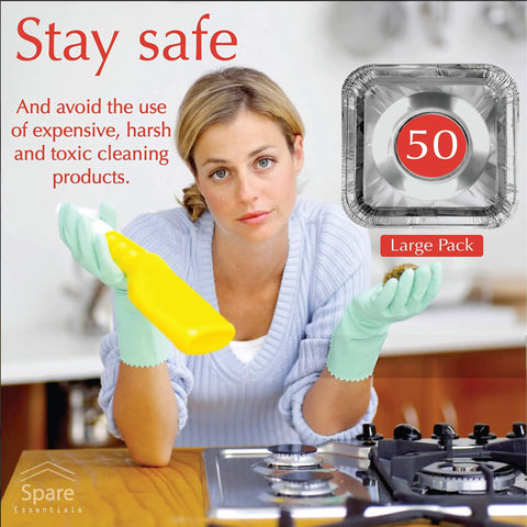 Woman with gloves holding a spray bottle near a gas stove with 50 Pack Disposable Gas Burner Liners For No Scrub Cleanup And Easy Stove Upkeep Aluminum Foil Square Covers That Protect The Burners Catch Grease And Spills Eight Point Five By Eight Point Five Inch Aluminum Foil Liners For Gas Stoves displayed.