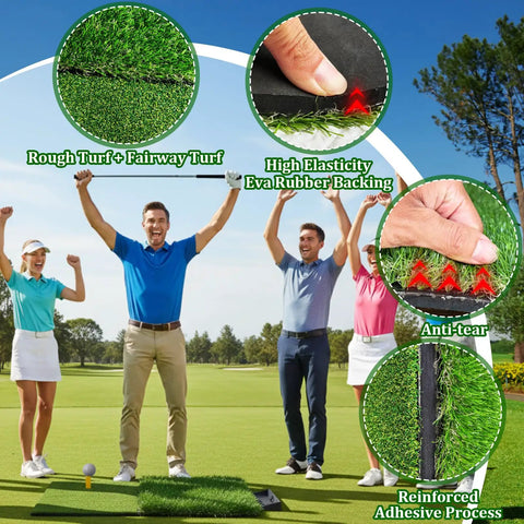 Dual Turf Golf Practice Mat For Indoor And Outdoor Use High Elasticity Artificial Turf Surface For Realistic Fairway And Rough Lies Portable Swing Training Mat For Your Garage Simulator Chipping And Driving Practice shown on a golf course with people celebrating.