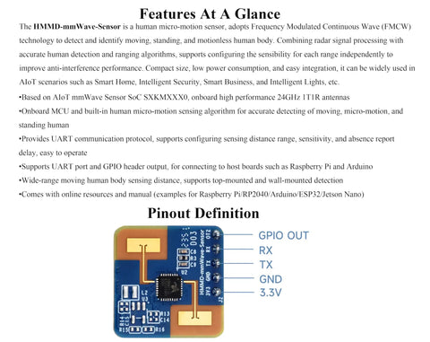 Features of 24GHz FMCW MmWave Radar Sensor For Real Time Human Motion Detection with pinout diagram and sensor description