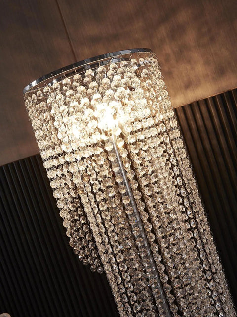 Top view of Silver Crystal Floor Lamp In S Shape With Chrome Finish, Romantic Modern Chic Vibe Lighting, Clear Crystal Raindrop Detailing