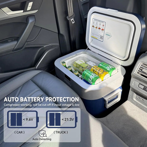 Go To Portable Car Refrigerator And Travel Cooler, 23 Quart (22 Liter) Compressor Freezer in car backseat, holding beverages