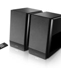 R1850DB Dope Active Bookshelf Speakers With Bluetooth And Optical Input Built In Amplifier And Subwoofer Line Out shown with remote