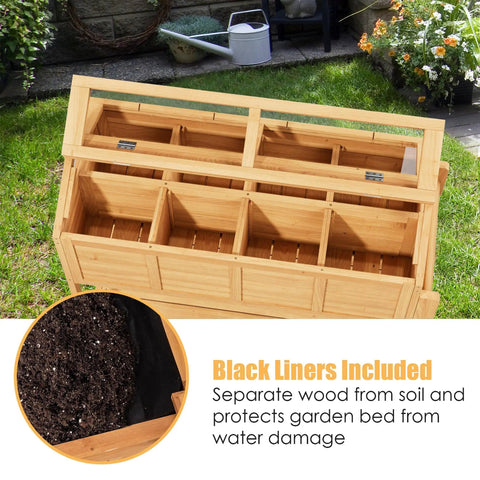 Ergonomic Elevated Garden Bed On Wheels With Cover And Storage Shelf For Backyard Patio Outdoor All In One Raised Planter Box Cart With Bed Liner Seed Starter Tray And Drainage Slits, top view showing compartments and black liners.