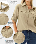 Women's UPF 50 Long Sleeve Safari Shirt For All Day Outdoorsy Adventures With Quick Dry Moisture Wicking Tech Lightweight And Stain Resistant Fabric Great For Fishing Hiking Travel In Khaki Size M with chest pockets and collar details.