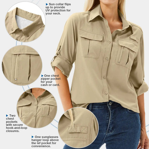 Women's UPF 50 Long Sleeve Safari Shirt For All Day Outdoorsy Adventures With Quick Dry Moisture Wicking Tech Lightweight And Stain Resistant Fabric Great For Fishing Hiking Travel In Khaki Size M with chest pockets and collar details.
