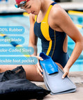 Swimmer beside pool holding Floating Long-Blade Swim Fins for Training, Adult And Kids Flippers For Pool And Snorkeling, Navy Blue, Size M 13-14/W 14-15.