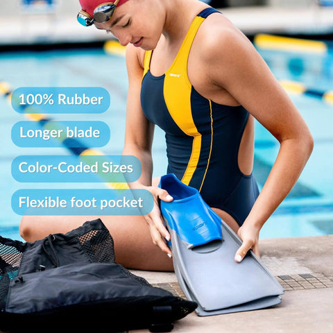 Swimmer beside pool holding Floating Long-Blade Swim Fins for Training, Adult And Kids Flippers For Pool And Snorkeling, Navy Blue, Size M 13-14/W 14-15.