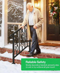 Heavy Duty Wrought Iron Porch Railing For Outdoor Stairs Rock Solid Adjustable Handrail Fits 2 To 3 Steps with man using it in winter.