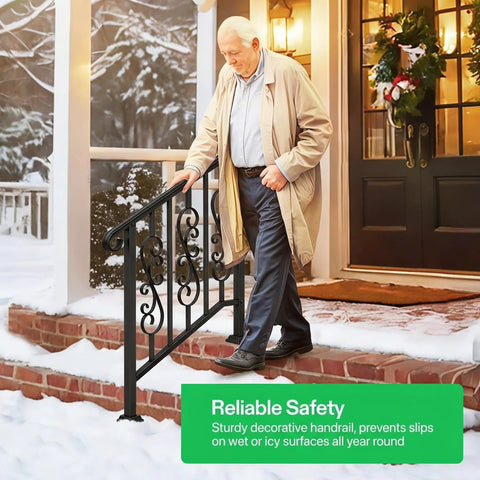 Heavy Duty Wrought Iron Porch Railing For Outdoor Stairs Rock Solid Adjustable Handrail Fits 2 To 3 Steps with man using it in winter.