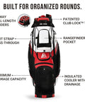 Badass White Golf Cart Bag Featuring T Lock Quiet Top Technology with 14 way full-length dividers and insulated cooler.