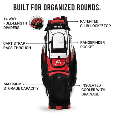 Badass White Golf Cart Bag Featuring T Lock Quiet Top Technology with 14 way full-length dividers and insulated cooler.