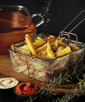 Copper Chef 5 Piece Nonstick Copper Cookware Set with deep fry basket filled with fries, shown with copper pan