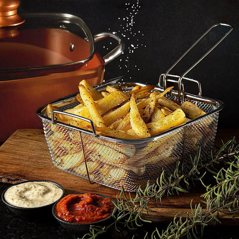 Copper Chef 5 Piece Nonstick Copper Cookware Set with deep fry basket filled with fries, shown with copper pan