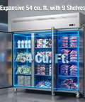 Heavy Duty Stainless Steel Three Door Commercial Freezer 54 Cubic Foot Reach In Upright Unit with 9 shelves and visible frozen food.