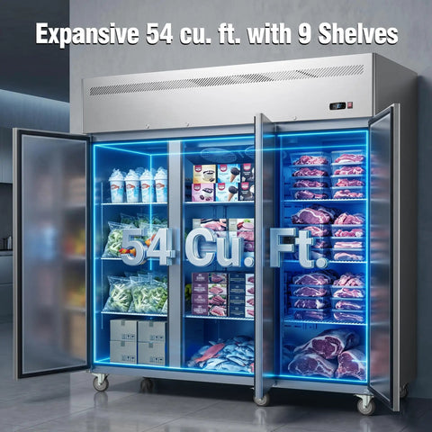 Heavy Duty Stainless Steel Three Door Commercial Freezer 54 Cubic Foot Reach In Upright Unit with 9 shelves and visible frozen food.