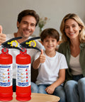 Family showing thumbs up with two 2.5 lb fire extinguishers, Four Pack Dry Chemical Fire Extinguisher 2.5 Pound With 1A 10B C Rating