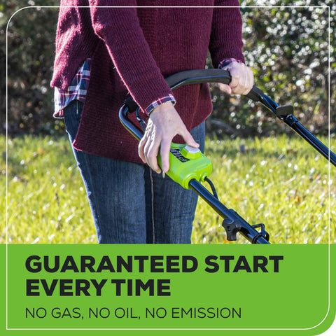 40V Cordless Push Lawn Mower With 21 Inch Steel Deck, 5Ah Battery And Charger, Quiet Brushless Motor For No Gas Yard Work, Long Run Time Up To 60 Minutes On Mixed Grass, person using green push mower handle