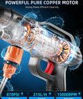 Cordless Portable Handheld Power Washer With Copper Motor Pushes Killer Water Pressure and Eliminates Extension Cords for Rapid Car Washing showing internal motor mechanics.