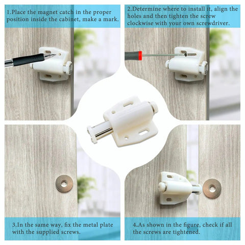 Magnetic Touch Latch 4 Pack For Push Open Cabinet Doors And RV Drawers, Closet And Cupboard Storage, 5 Lb Pull Strength, Ivory White Ideal For Kitchen Cabinets Wardrobes Cupboards And RV Interiors Easy Install shown with step-by-step installation guide.