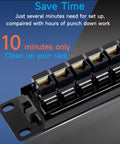 Close-up of 24 Port RJ45 Patch Panel Cat6 Pass Through Patch Panel 19 Inch Inline Keystone Ethernet Network Panel with Back Bar.