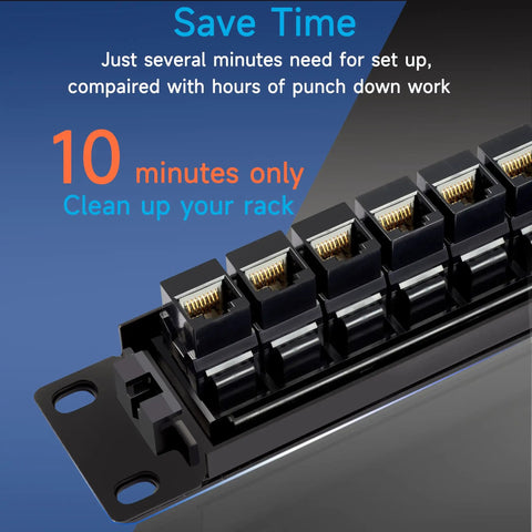 Close-up of 24 Port RJ45 Patch Panel Cat6 Pass Through Patch Panel 19 Inch Inline Keystone Ethernet Network Panel with Back Bar.