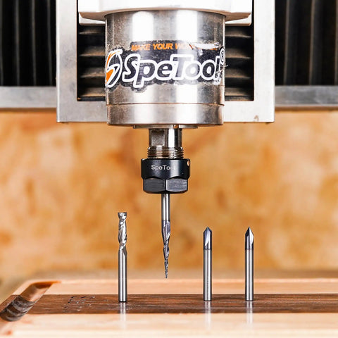 Pro Grade CNC Router Bit Carving Set for Wood Engraving with Solid Carbide One Quarter Inch Shank Includes Tapered Ball Nose Spiral and Cone End Mills around CNC router machine head
