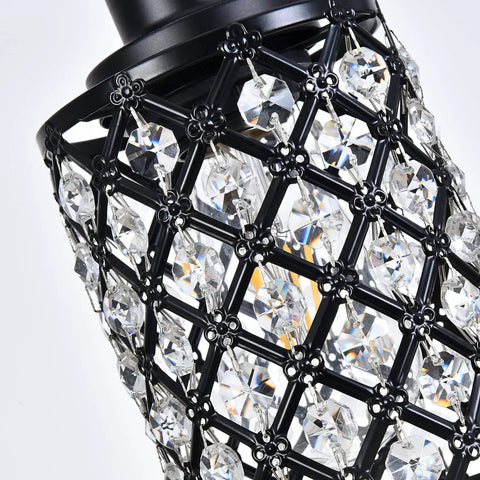 Close-up of 4 Light Linear Pendant Chandelier For Kitchen Island With K9 Crystal And Black Grid Shade Adjustable Height Dining Room Light Fixture Modern Black Pendant Lighting Over Table And Island