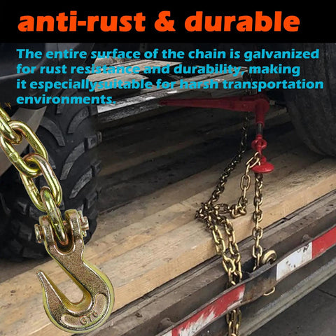 Heavy Duty Tow Chain Tie Down 3 By 8 Inch By 10 Foot G70 Binder Chain with Hooks securing cargo on flatbed