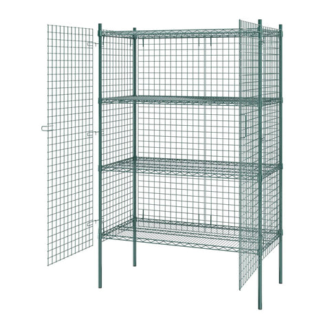 Built Tough Green Epoxy Wire Mesh Security Cage Kit With Heavy Duty NSF Listing For Commercial Walk Ins And Restaurants, 24 By 48 By 74 Inches open shelf view with door.