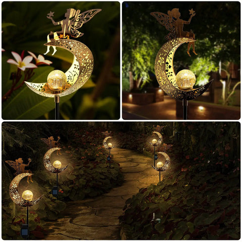 Solar Powered Angel Moon Dope Crackle Glass Globe Path Lights For Garden Lawn Patio Or Courtyard Waterproof Warm White LEDs Outdoor Stake Decor Gift Set Perfect Holiday Gift Idea