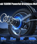 Fat Tire Electric Bike For Adults With 48V 20Ah Battery, Dual 1500/3000W Brushless Motor, close-up of rear motor mechanism.